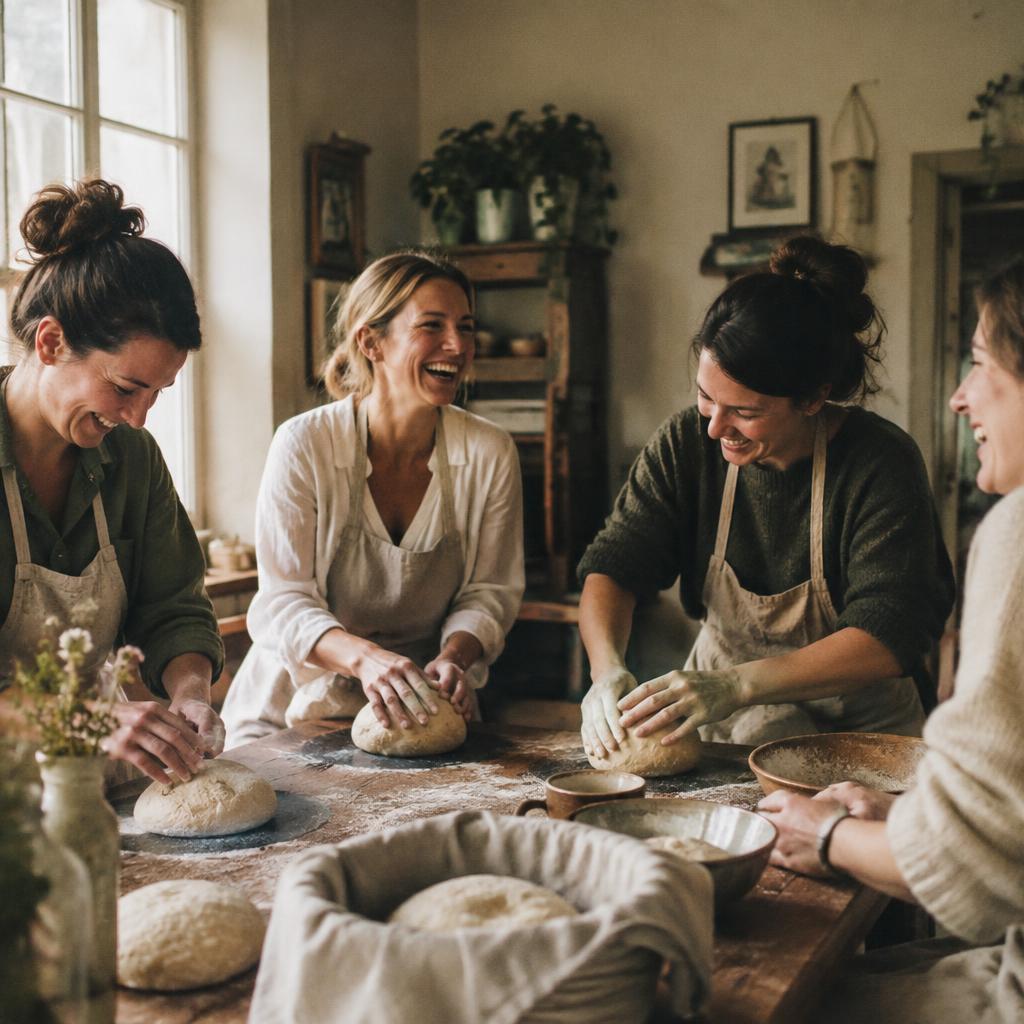 Friends laughing and shaping dough together in a class